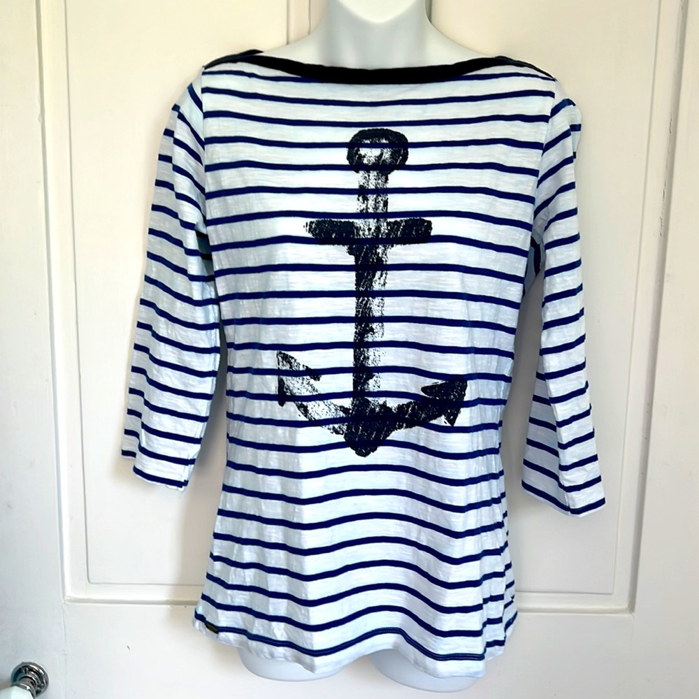 Hatley Nautical Stripe Cotton Top Cobalt Royal blue white w Anchor print Medium